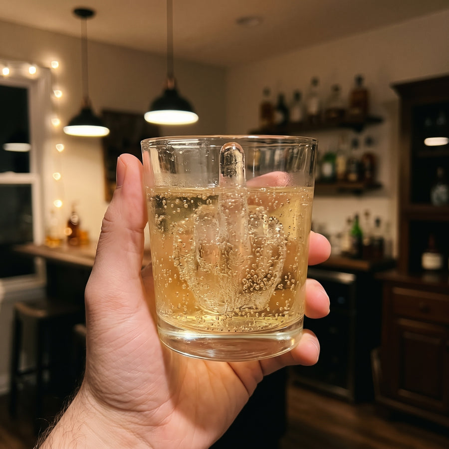 Customer holding a whiskey glass with novelty ice